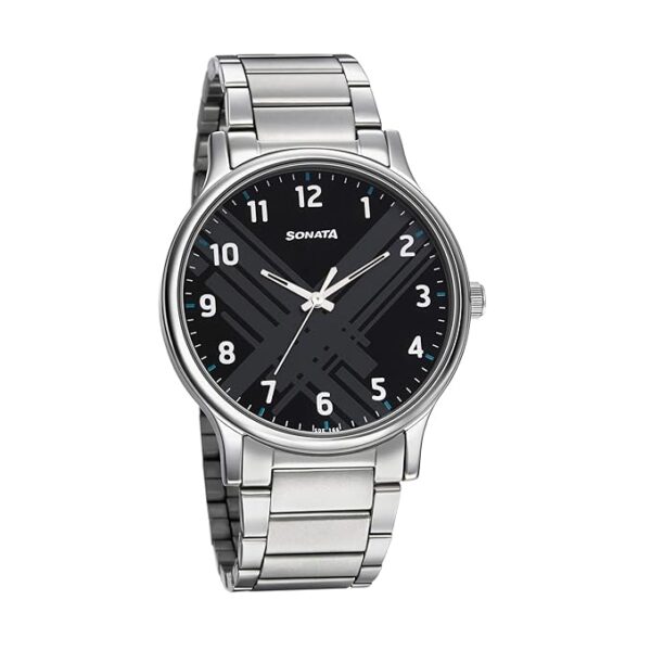 Sonata Smart Plaid Quartz Analog Black Dial Stainless Steel Strap Watch for Men